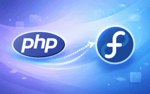 PHP logo with arrow pointing to Fedora logo representing PHP installation on Fedora Linux