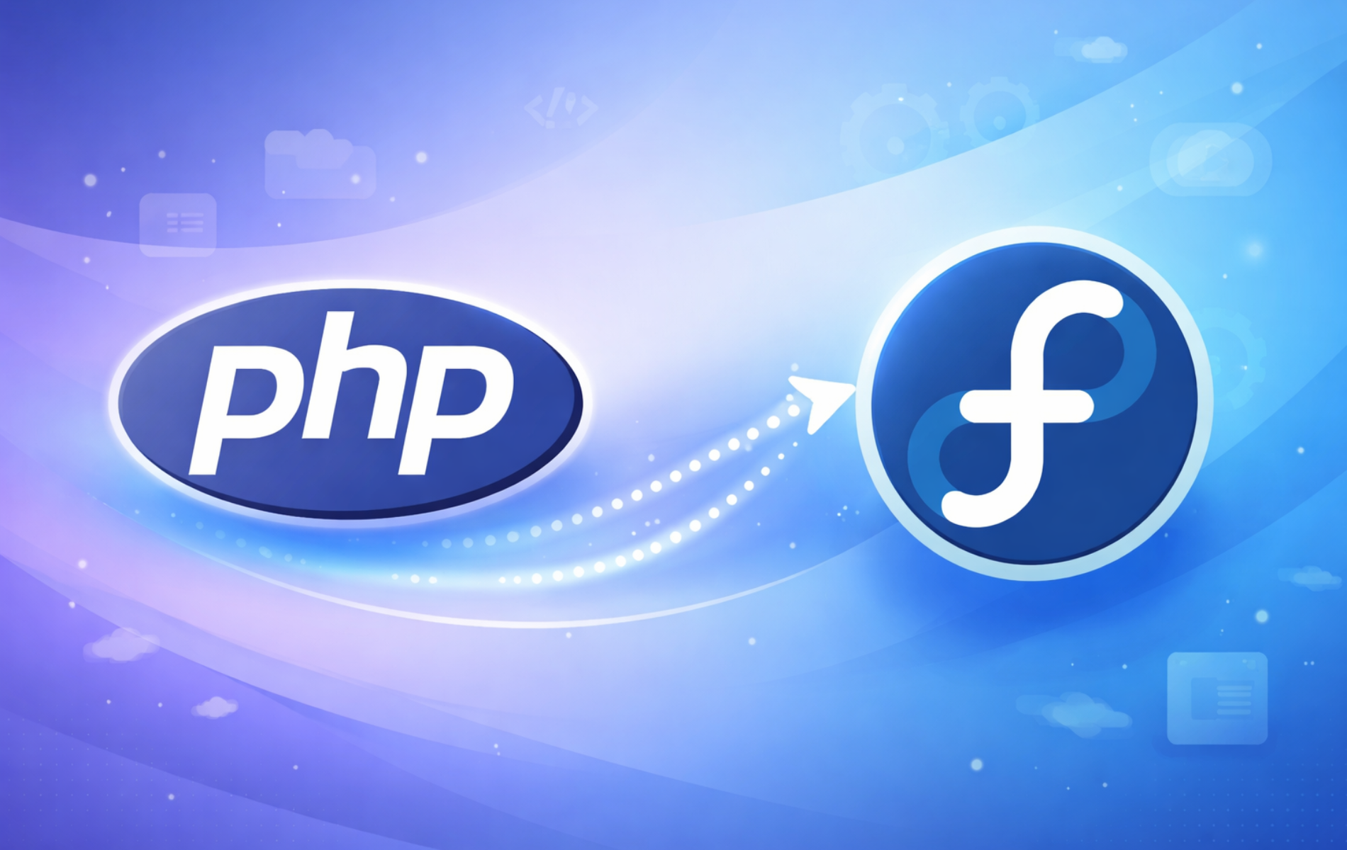 PHP logo with arrow pointing to Fedora logo representing PHP installation on Fedora Linux