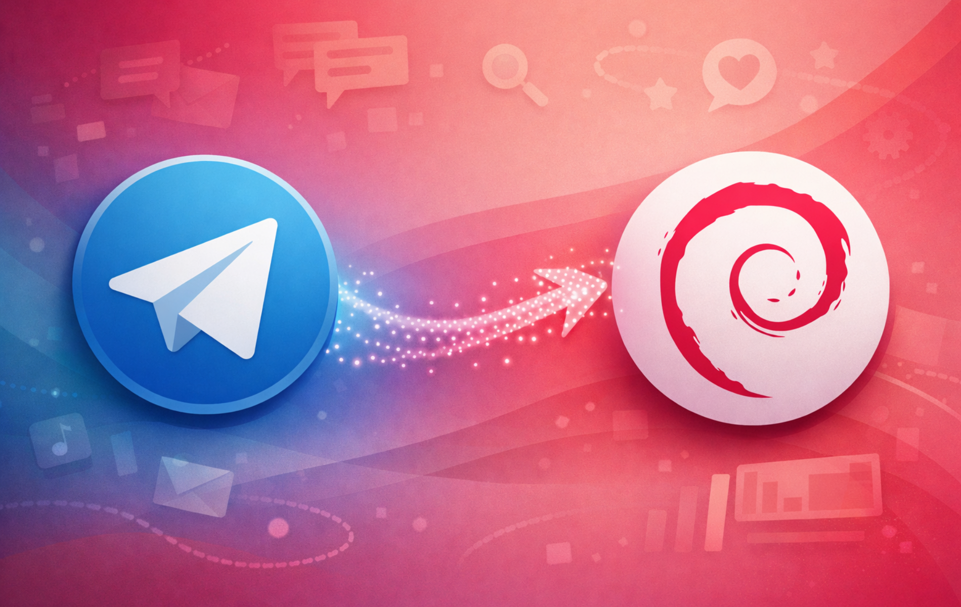 Telegram logo and Debian logo connected by sparkling arrow, representing Telegram Desktop installation on Debian Linux