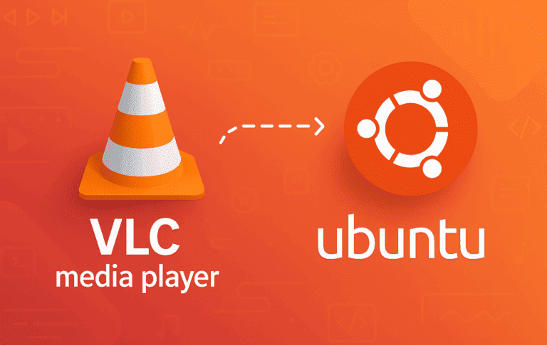 VLC Media Player traffic cone icon with arrow pointing to Ubuntu logo on orange gradient background