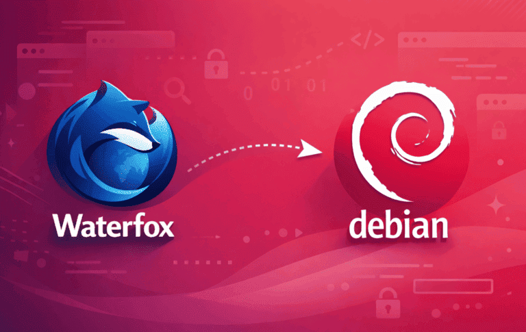 Waterfox browser logo and Debian swirl logo with arrow showing installation process on gradient background