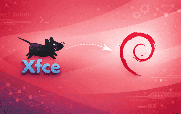XFCE desktop environment mouse logo with arrow pointing to Debian swirl logo on red gradient tech background