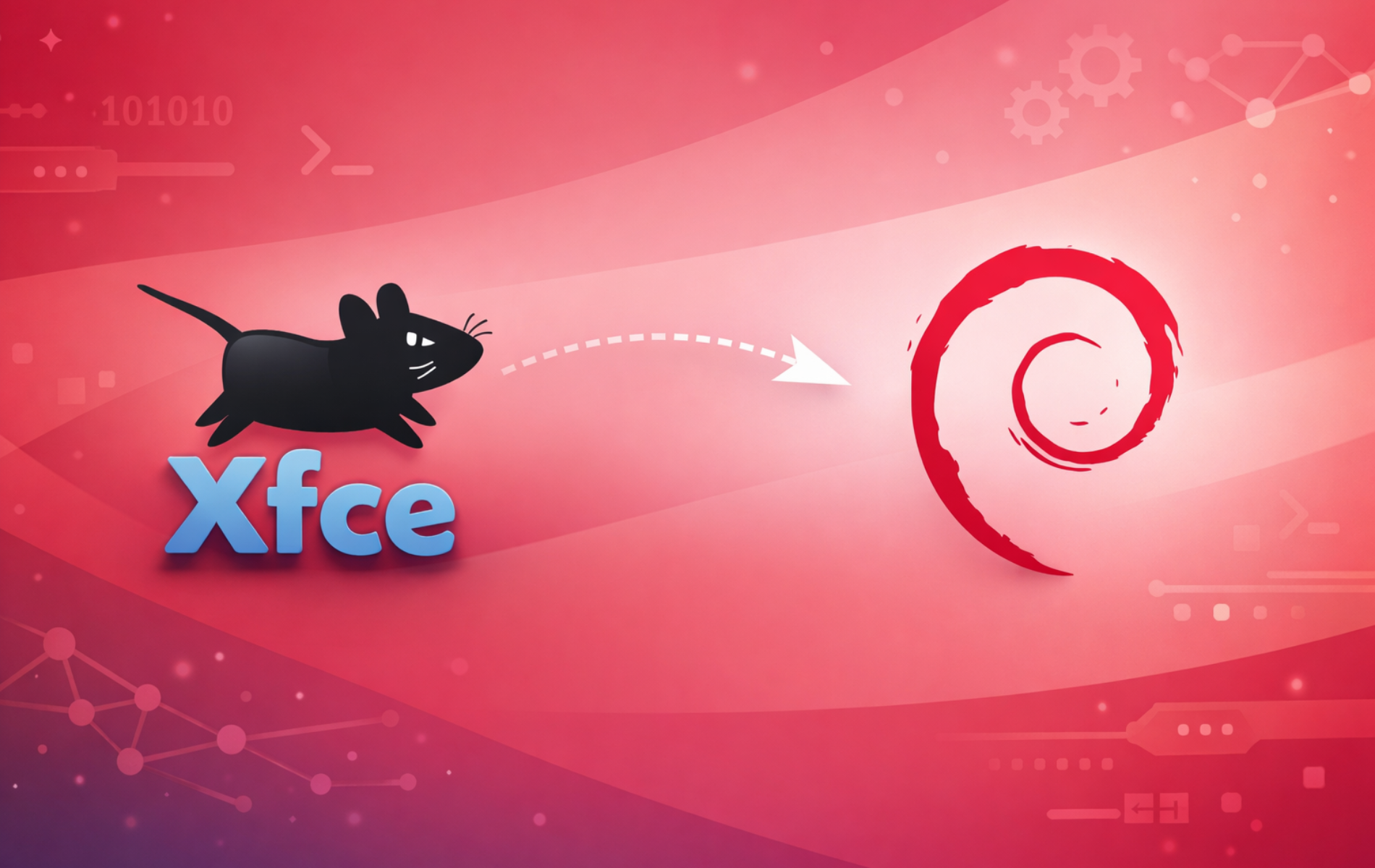 XFCE desktop environment mouse logo with arrow pointing to Debian swirl logo on red gradient tech background