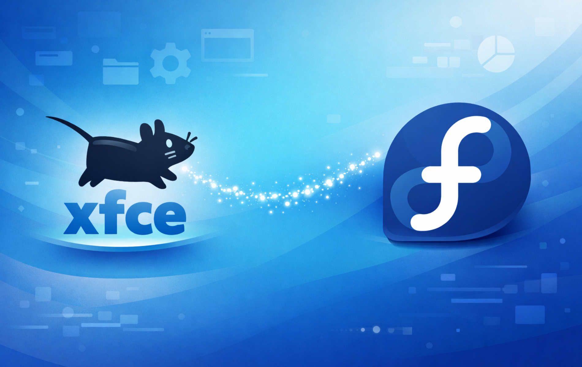 Xfce mouse mascot and Fedora logo on blue desktop background
