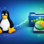Linux Tux penguin with disk usage analytics showing folder and storage pie chart