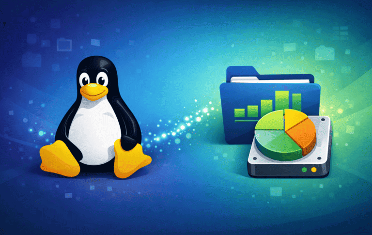 Linux Tux penguin with disk usage analytics showing folder and storage pie chart