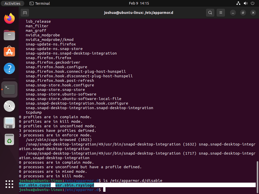 Liste des profils AppArmor désactivés sur Ubuntu