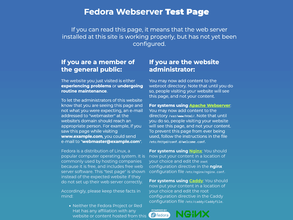 Screenshot showing the default Nginx test page successfully loaded on Fedora Linux.