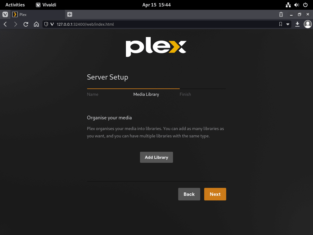 Fare clic su Aggiungi libreria su Plex Media Server su Debian Linux