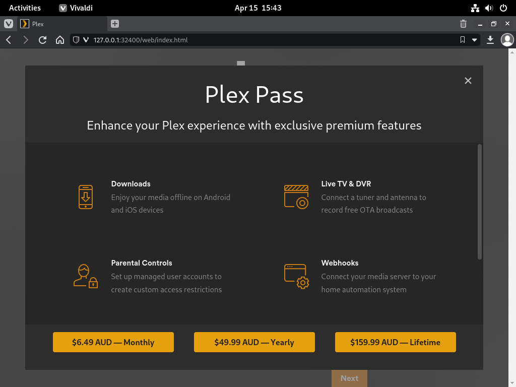 Schermata di abbonamento Plex Plus su Debian Linux