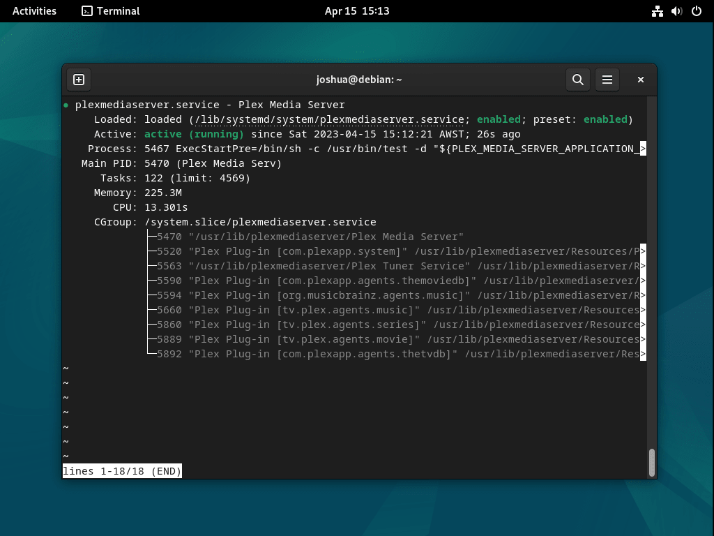 Stato del servizio Plex Media Server nella CLI su Debian Linux