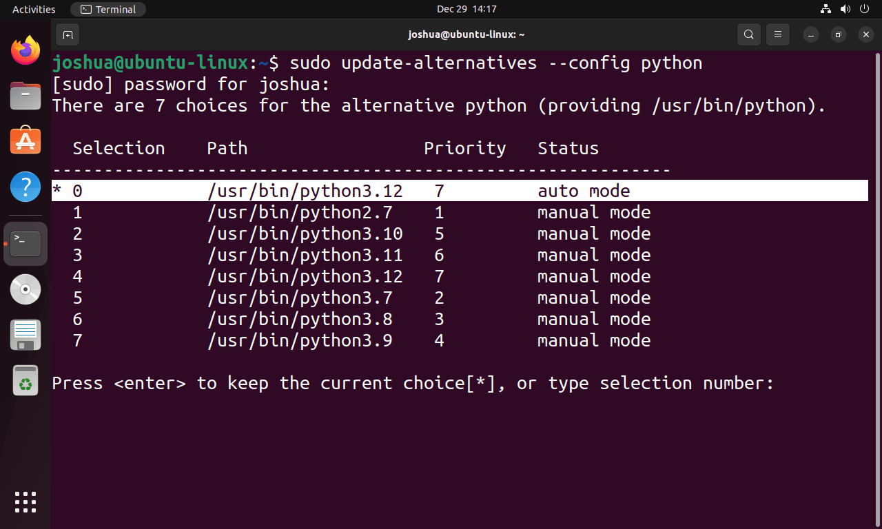 Mengubah ke versi alternatif Python 3.12 di Ubuntu Linux