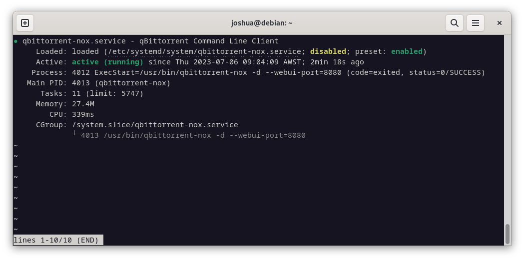 qBittorrent-nox service status on Debian Linux