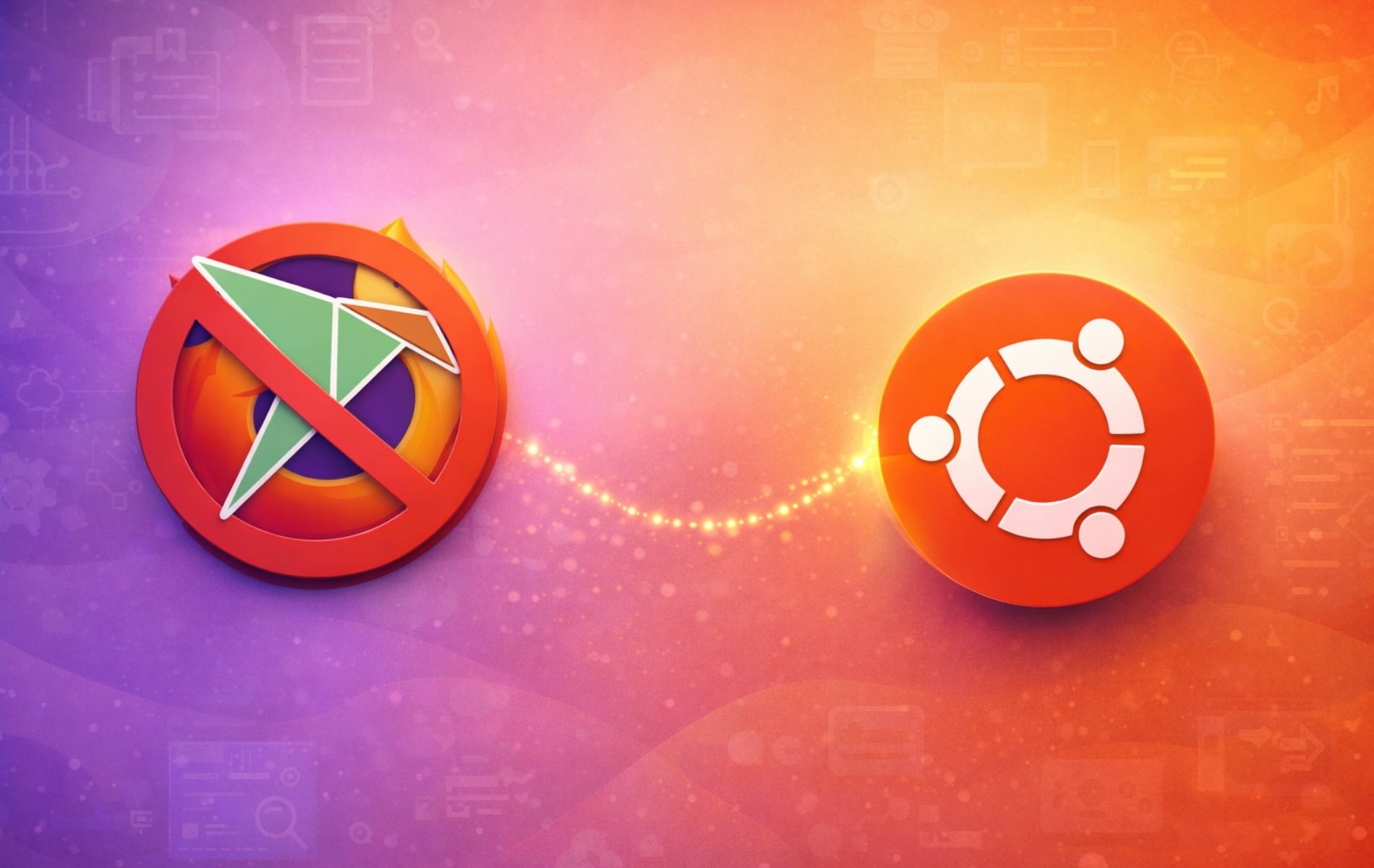 Firefox logo with prohibition symbol next to Ubuntu logo representing Snap removal process