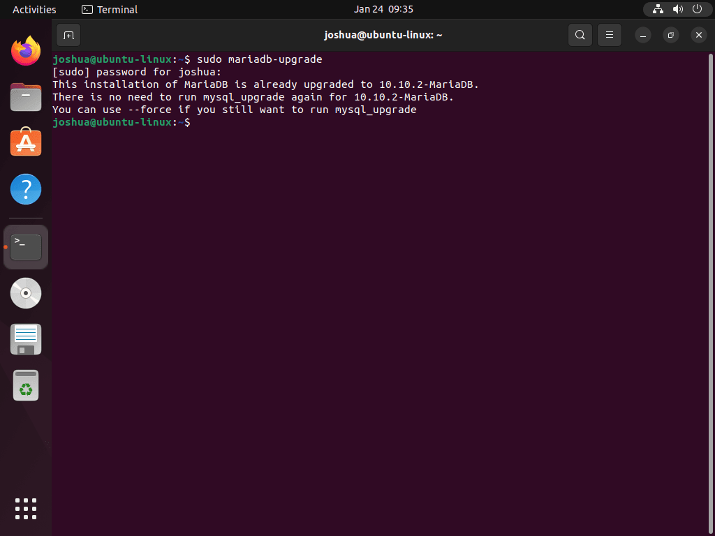 Execute o comando de atualização do banco de dados MariaDB no Ubuntu