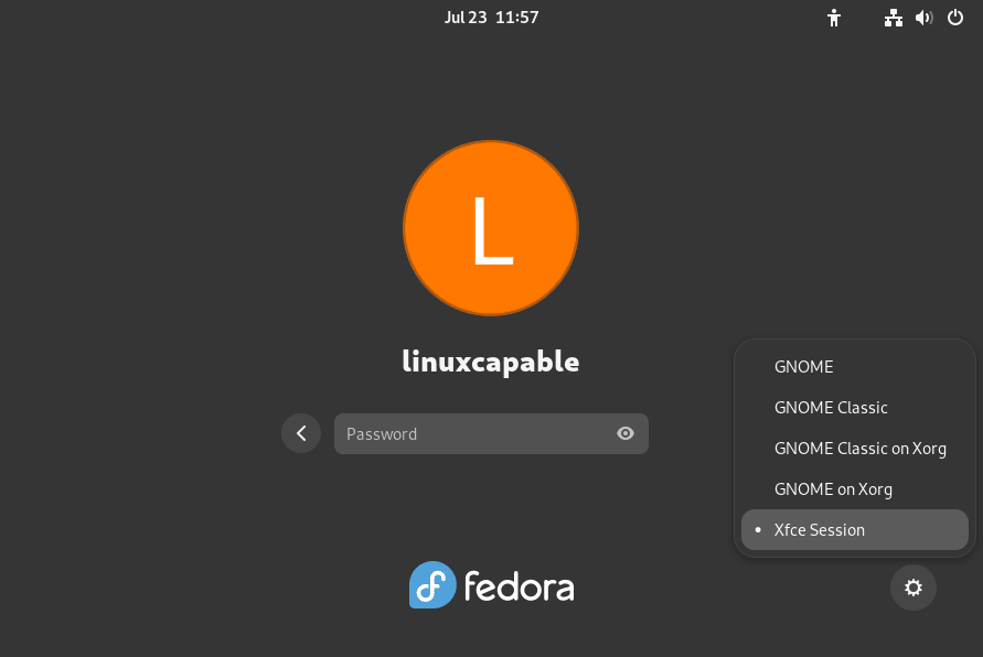 Fedora Linux에서 XFCE 세션 선택