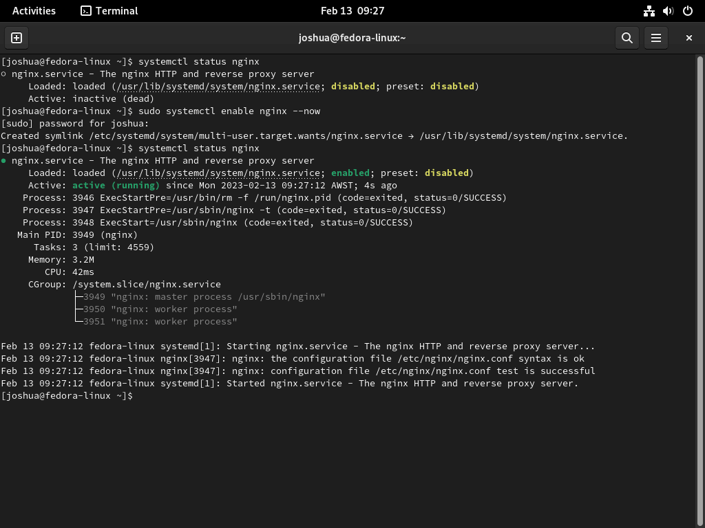 Screenshot displaying the successful systemctl status of the Nginx service on Fedora Linux.