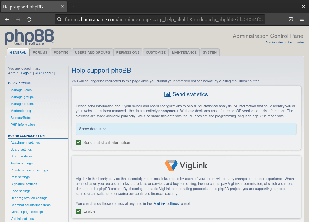 ACP première visite sur phpBB avec installation Debian Linux