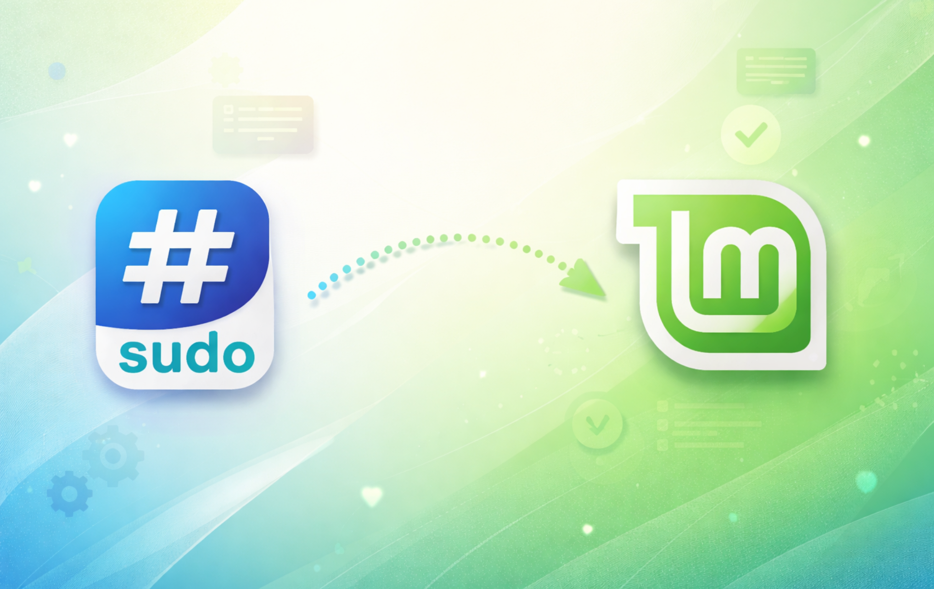 Sudo command icon with arrow pointing to Linux Mint logo representing adding users to sudoers group