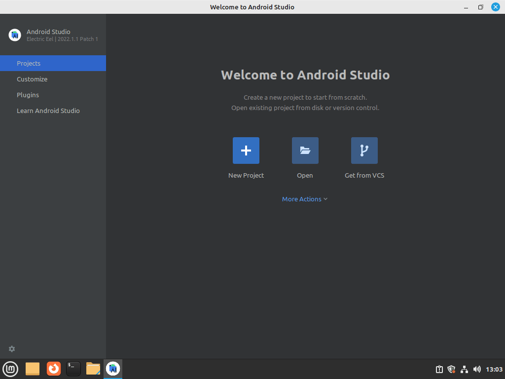 Android Studio default UI screen after first-time setup on Linux Mint