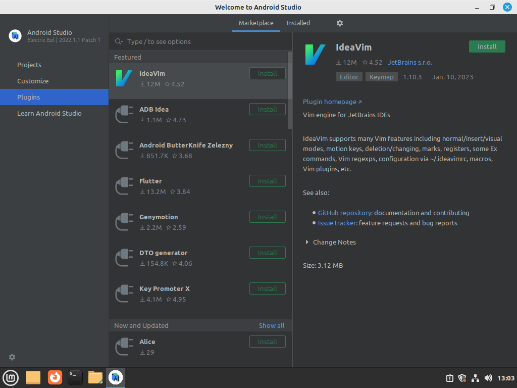 Écran d’exemple de plugins Android Studio sur Linux Mint