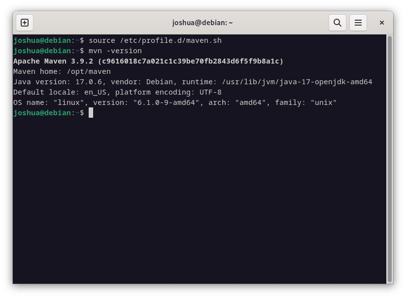 Apache Maven version output with manual method download on Debian Linux