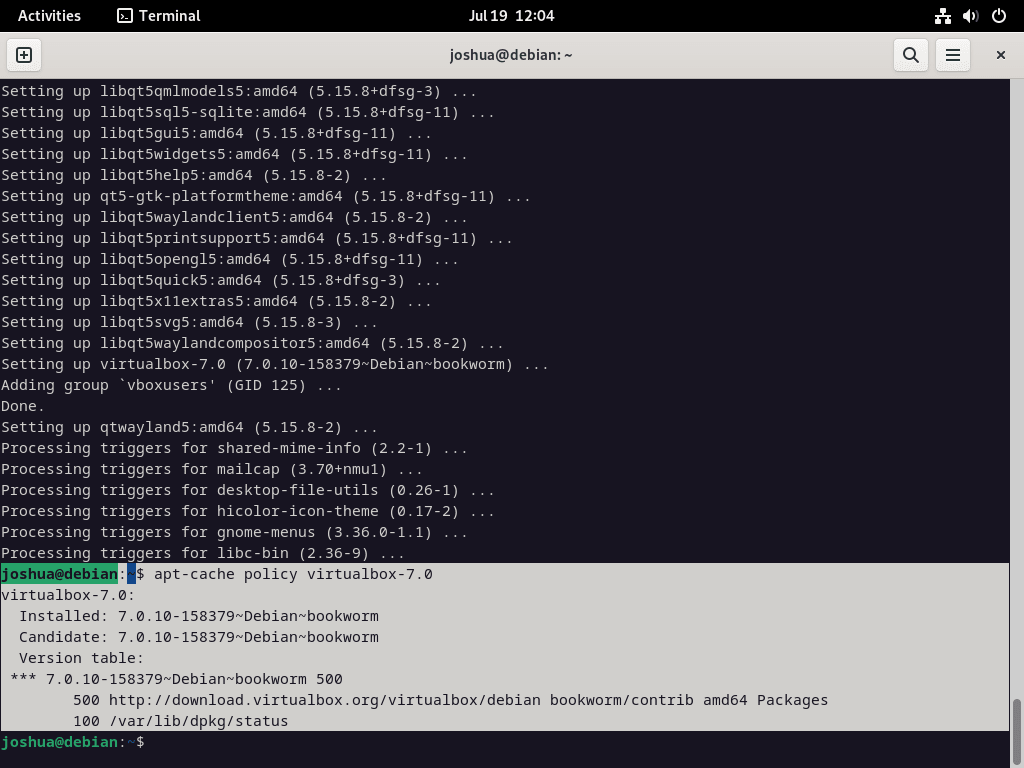 apt-cache policy for VirtualBox 7 on Debian Linux