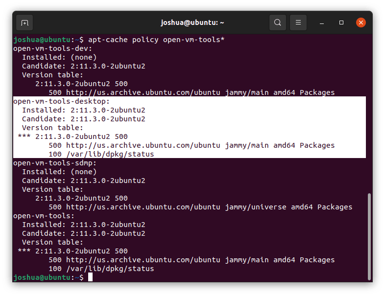 apt-cache policy for VMware Tools and Open VM Tools on Ubuntu Linux
