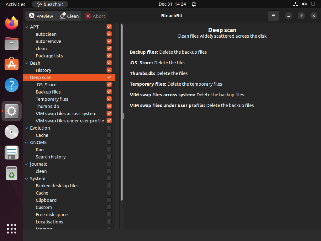 Configure deep scan options for BleachBit on Ubuntu Linux