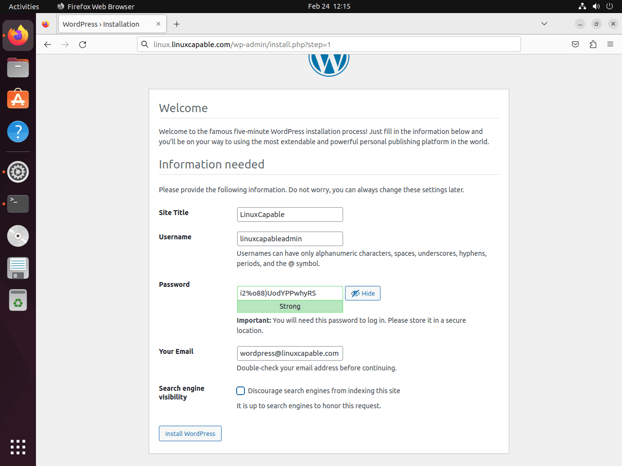 Saisie des détails du site et du nom d'utilisateur administrateur pour WordPress sur Ubuntu Linux