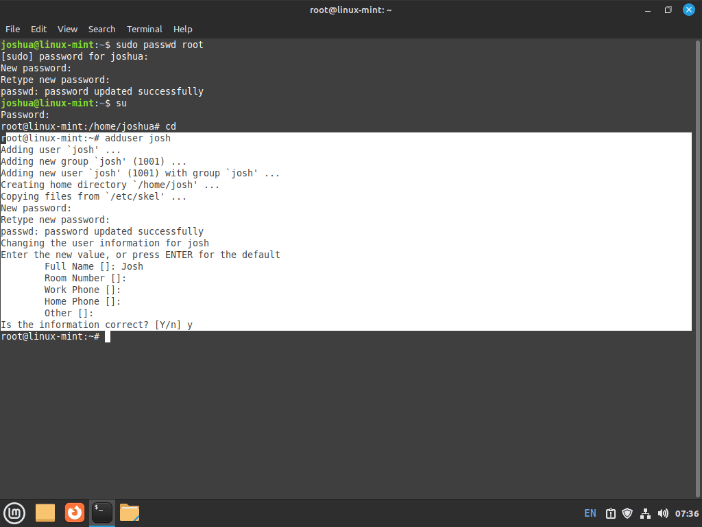 Adding a new user with root account on Linux Mint