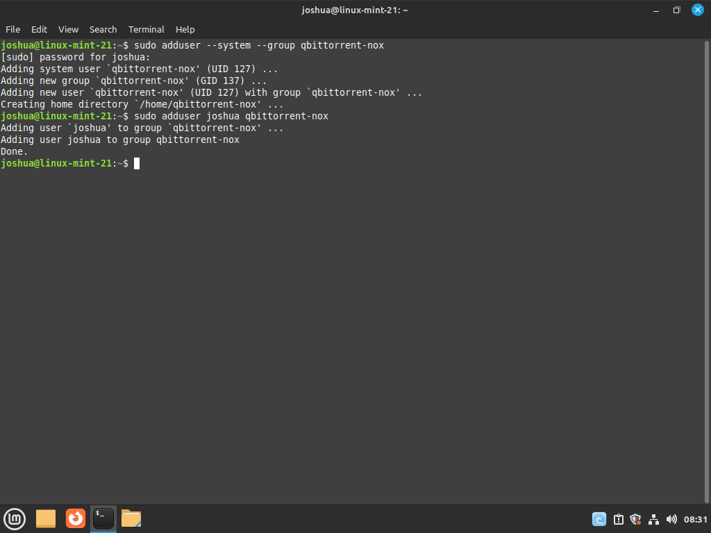 Adding qBittorrent-nox group and username for WebUI on Linux Mint