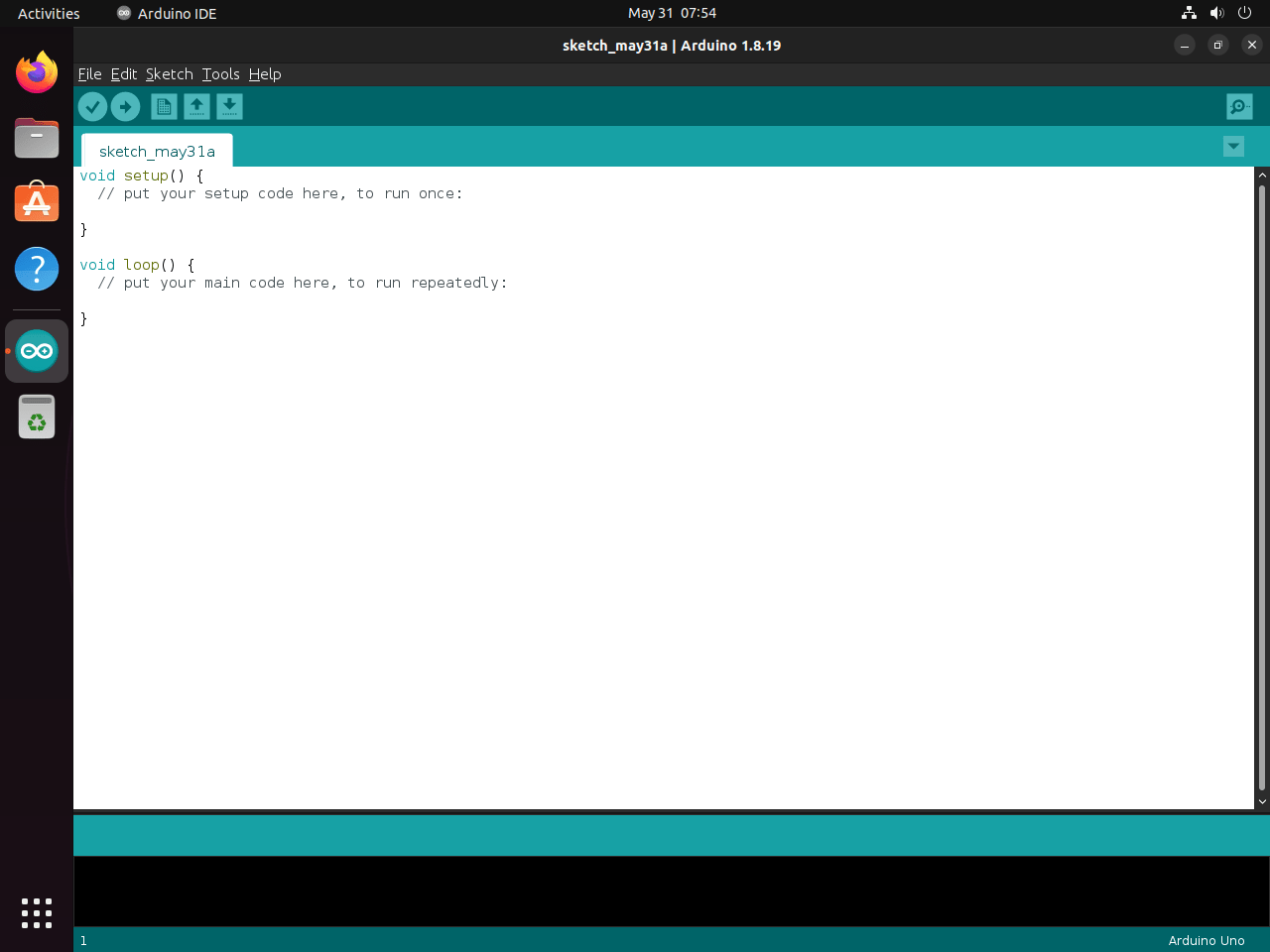 Arduino IDE 1.x default application UI on first-time launch on Ubuntu Linux