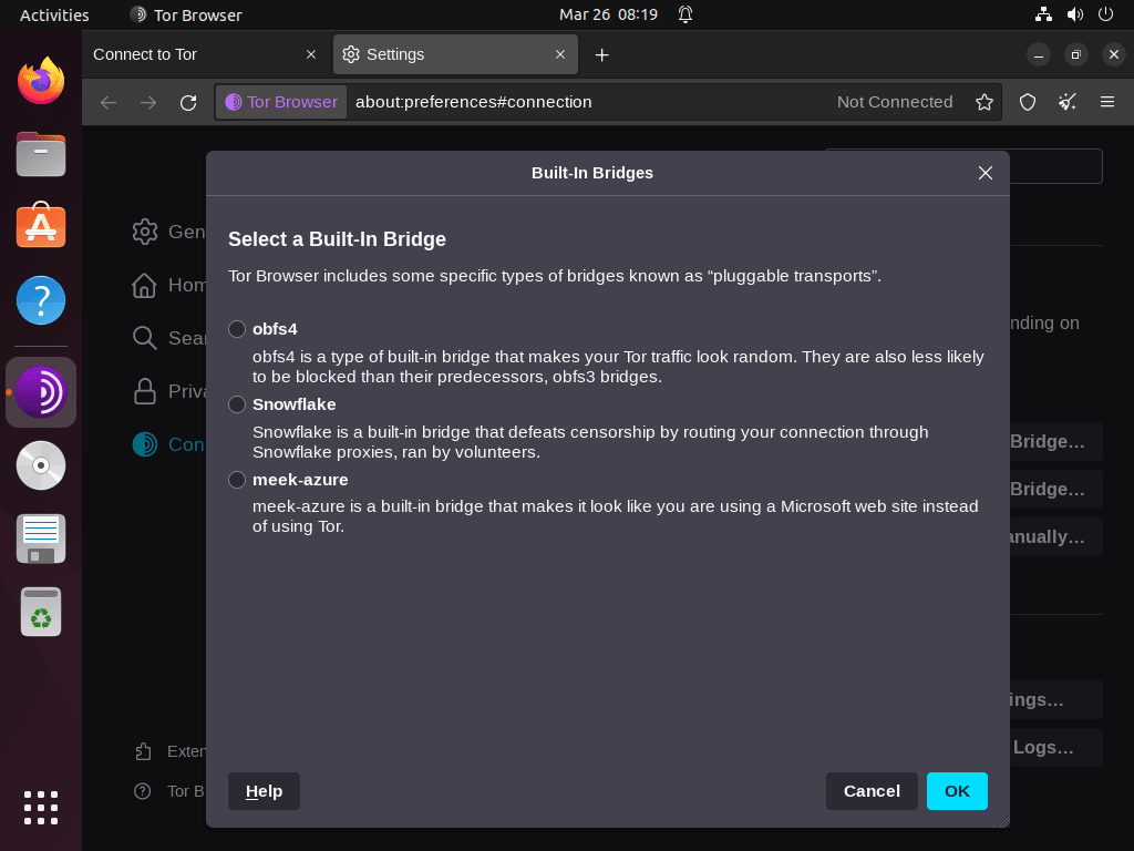 Bridges options on Tor Browser with Ubuntu Linux