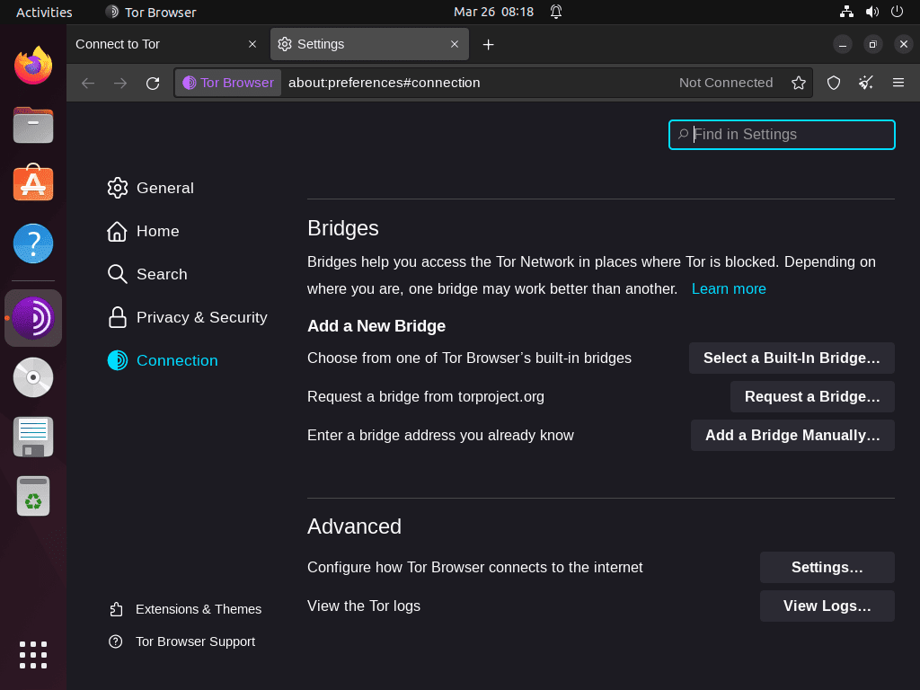 Configure settings window for Tor Browser on Ubuntu Linux