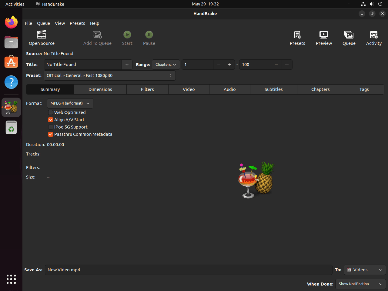 HandBrake default UI with dark theme on Ubuntu Linux