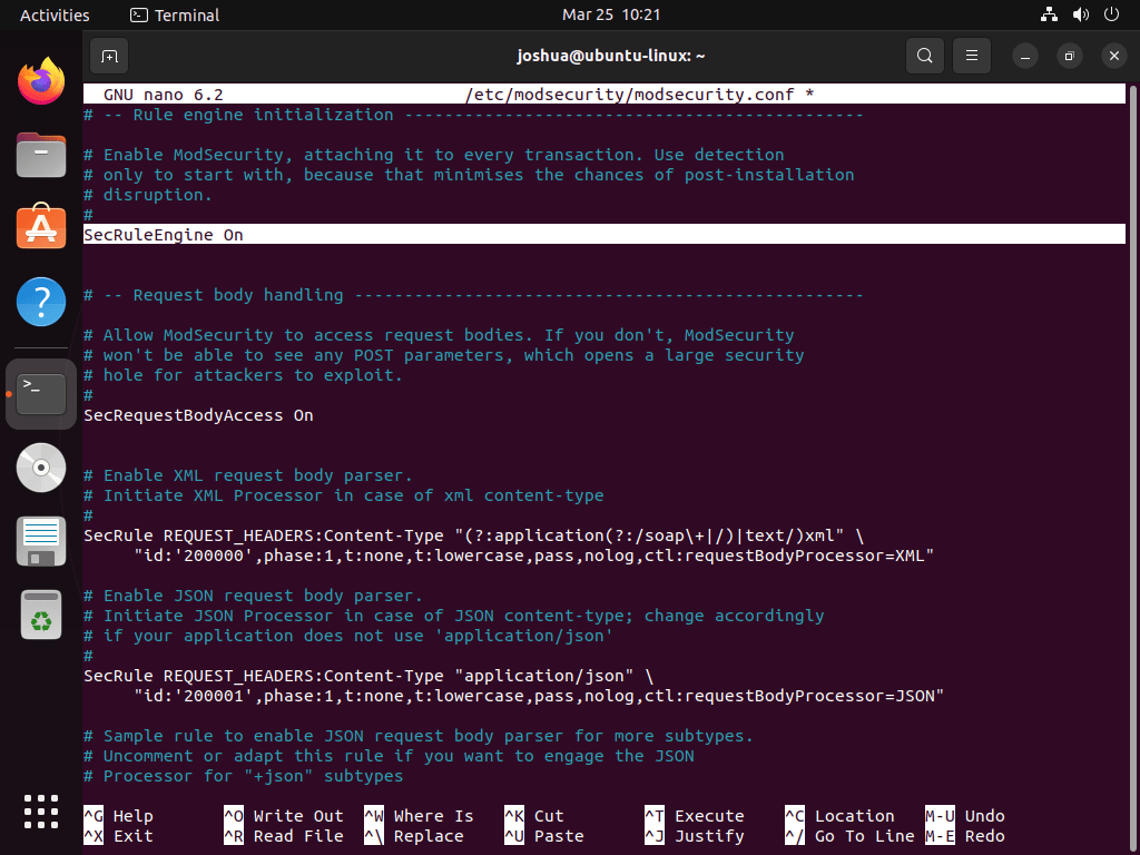 Enabling Modsecurity in the configuration file with Apache on Ubuntu Linux