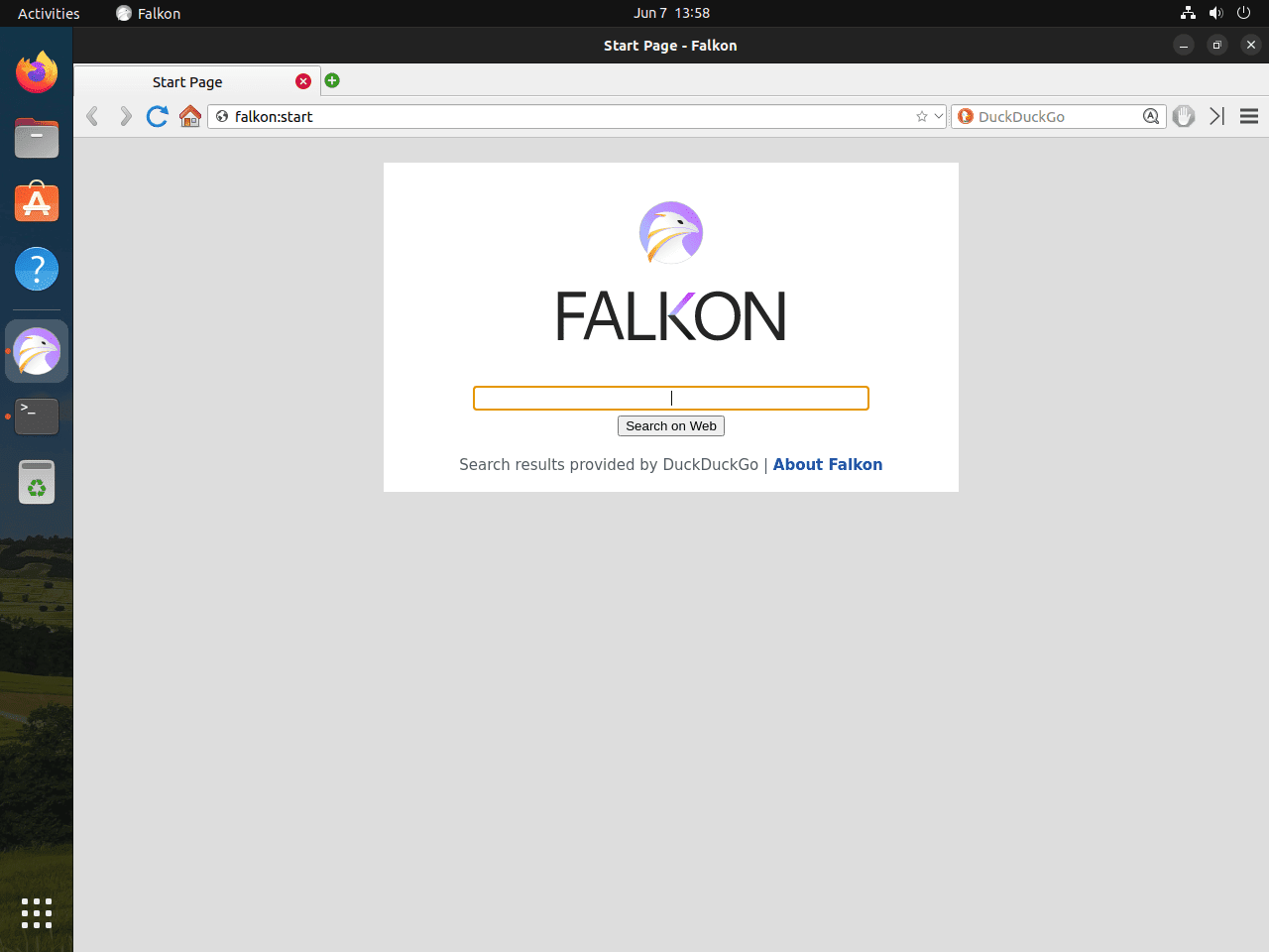 Falkon default search page on Ubuntu Linux