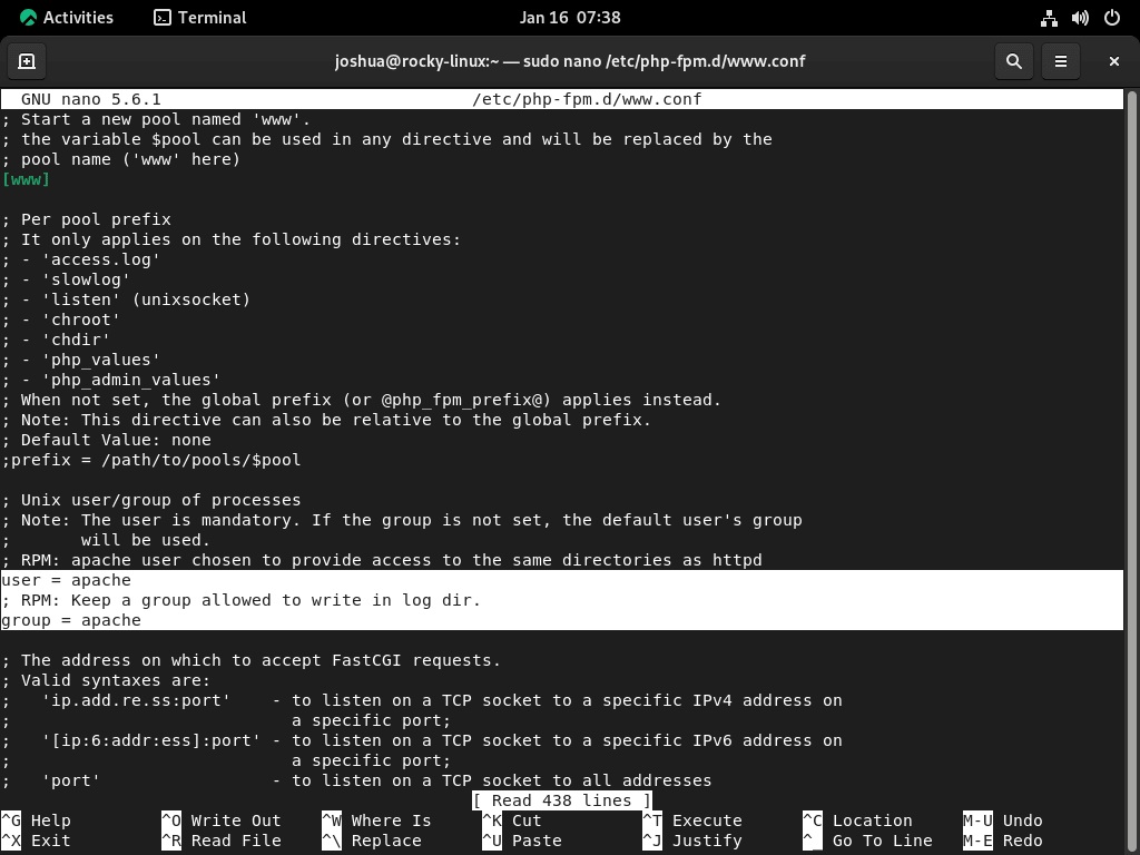 Znajdź nazwę użytkownika Apache w pliku konfiguracyjnym PHP-FPM w Rocky Linux