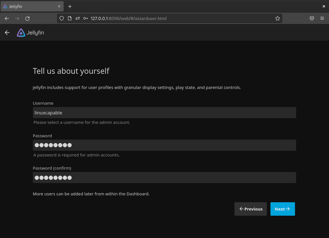 Jellyfin Media Server WebUI setup for Debian Linux - creating an admin account
