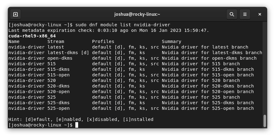 Liste des modules de pilotes NVIDIA sur Rocky Linux