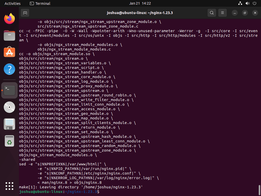 Make output from building NGINX on Ubuntu Linux