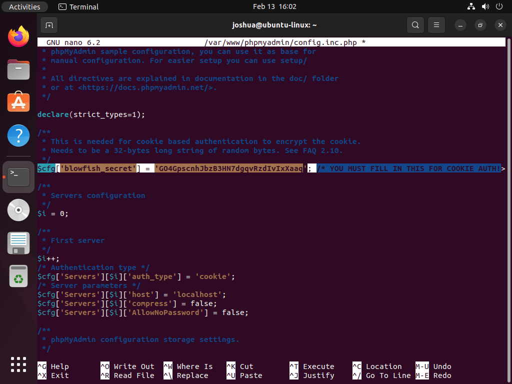 Adding Blowfish secret to phpMyAdmin with a text editor on Ubuntu