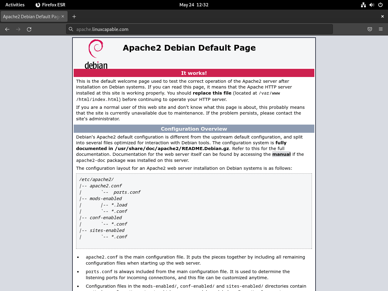 Apache2 test page on Debian Linux