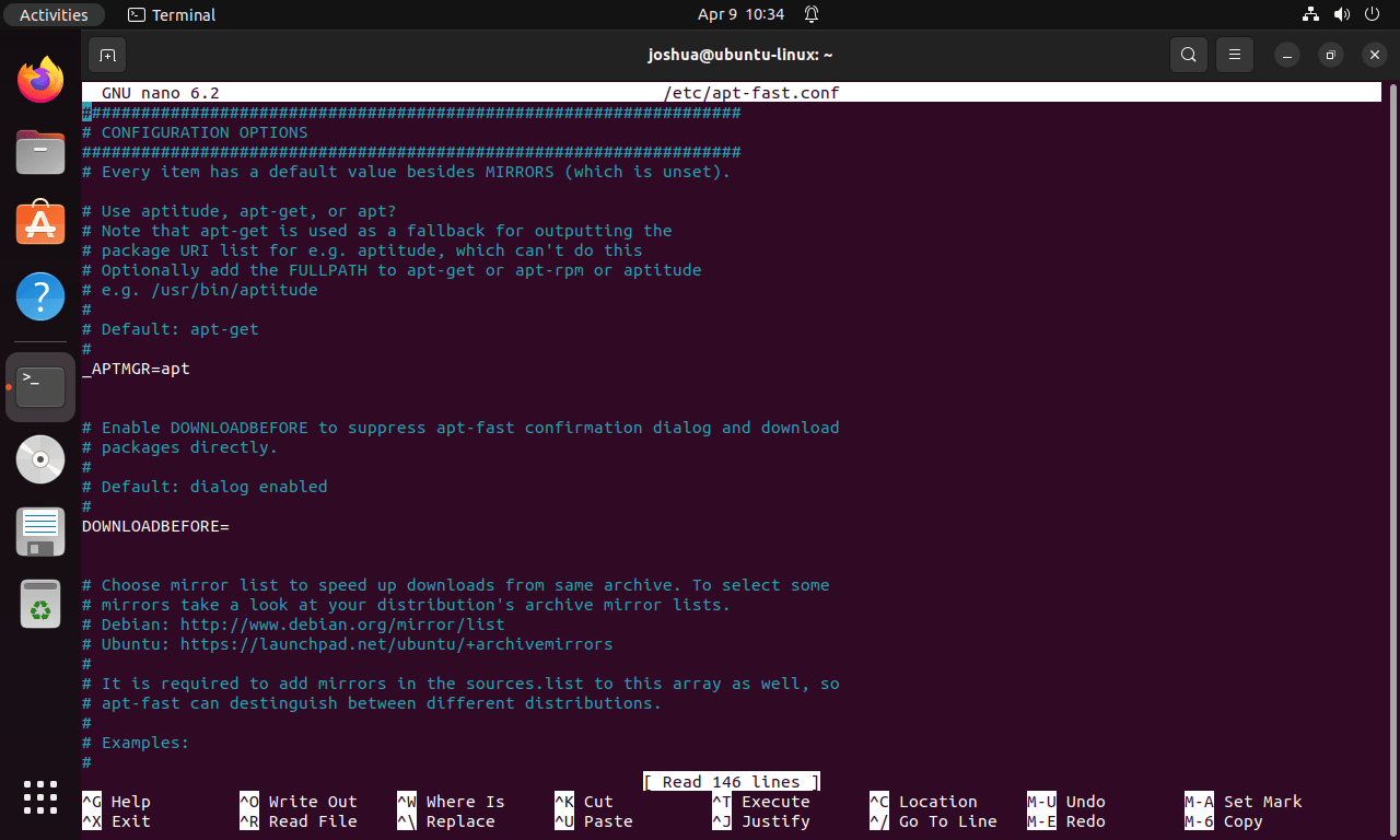 APT-Fast configuration file opened on Ubuntu Linux