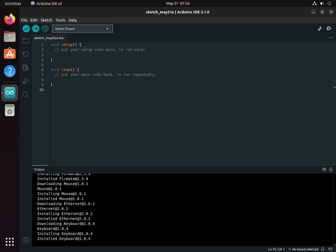 Arduino IDE 2.x default application UI on first-time launch on Ubuntu Linux