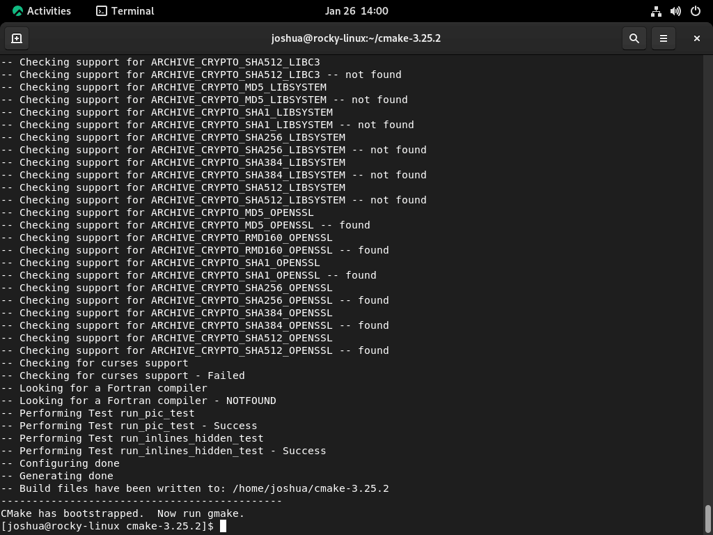 Bootstrap abgeschlossen für CMake-Build auf Rocky Linux