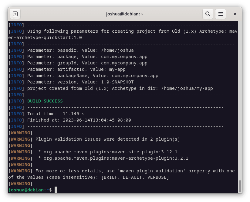 CLI output of Apache Maven commands on Debian Linux