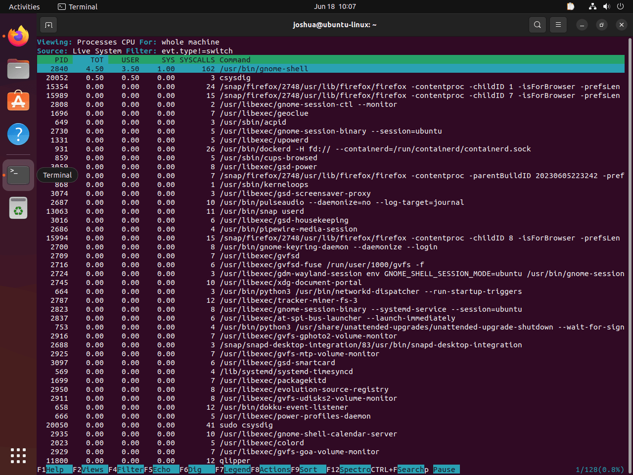 csysdig CPU processes on Ubuntu Linux