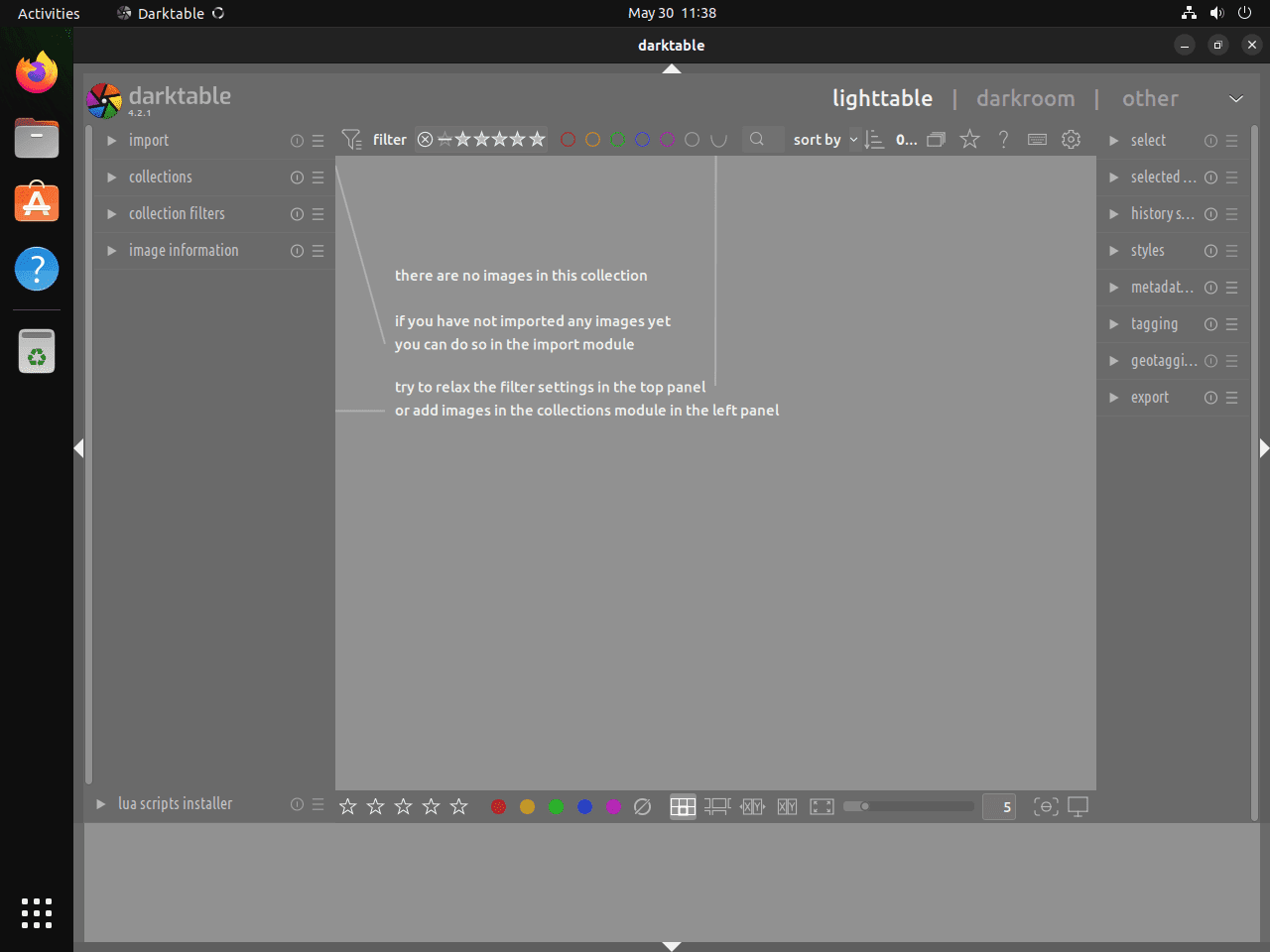 Darktable default UI on Ubuntu Linux